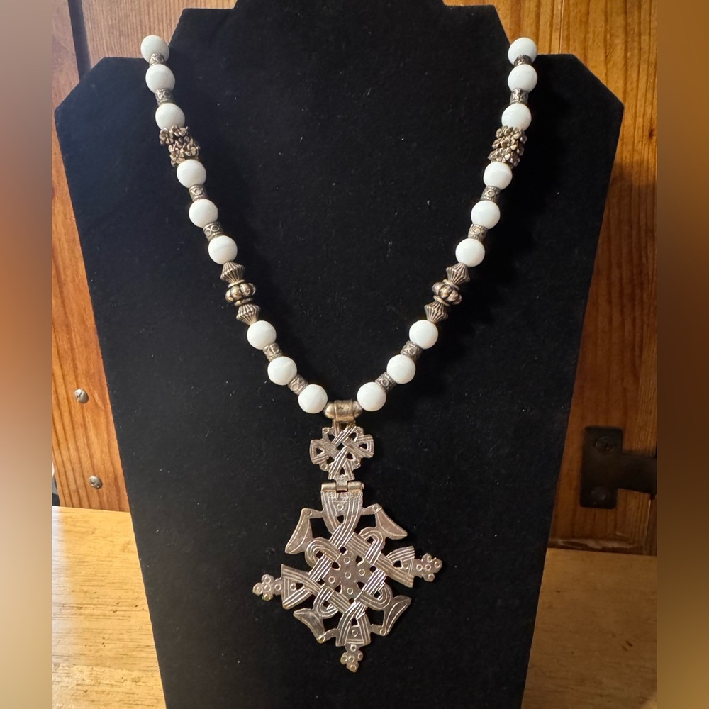 Long Ethiopian Cross Metal Glass Beaded  Statement Necklace